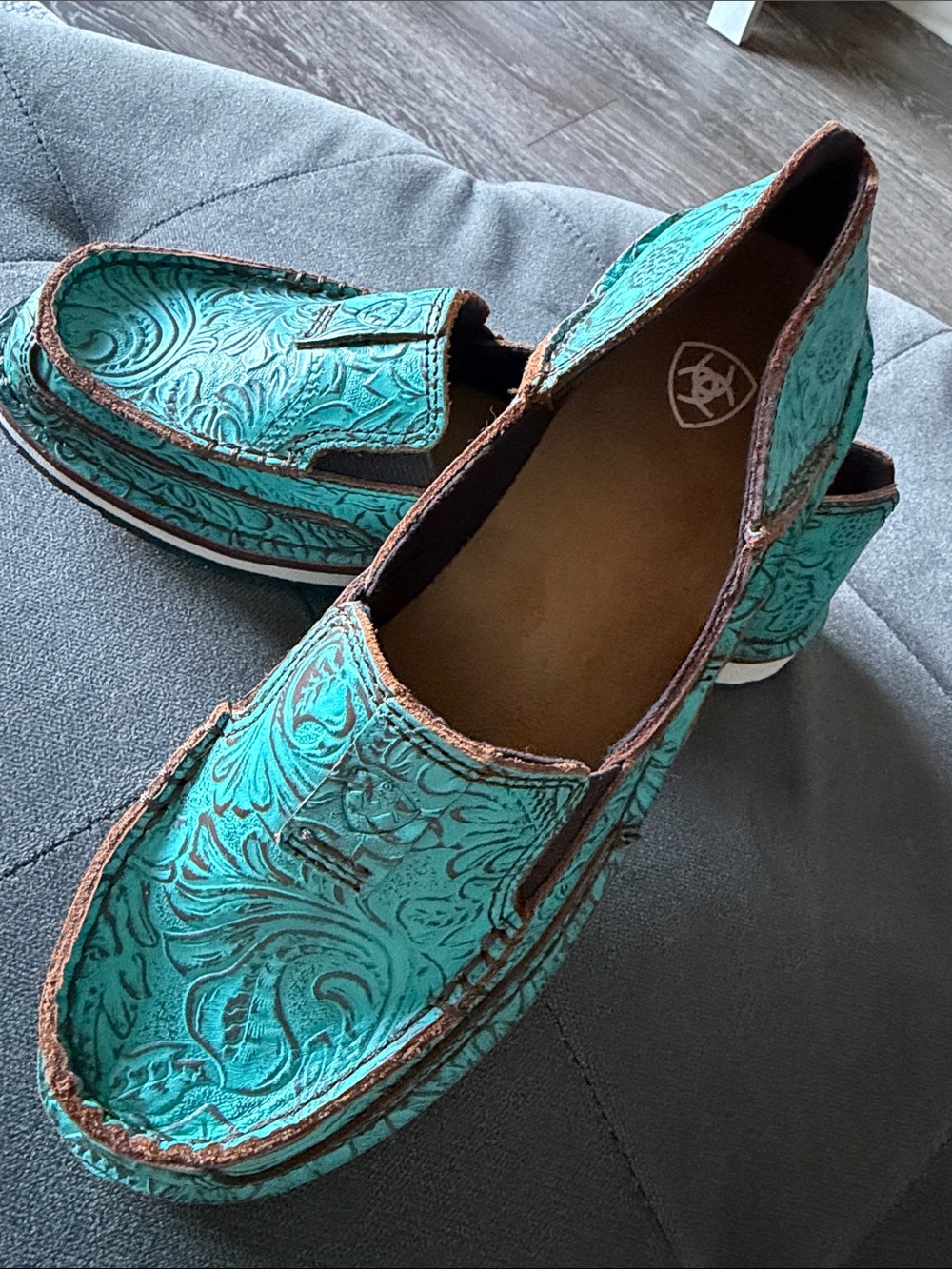 Ariat Turquoise Tooled Leather Slip-On Flats
